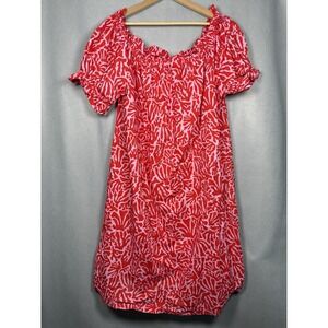 HM Cotton Puff Sleeve Dress Cover Up Pink Red Coral Print